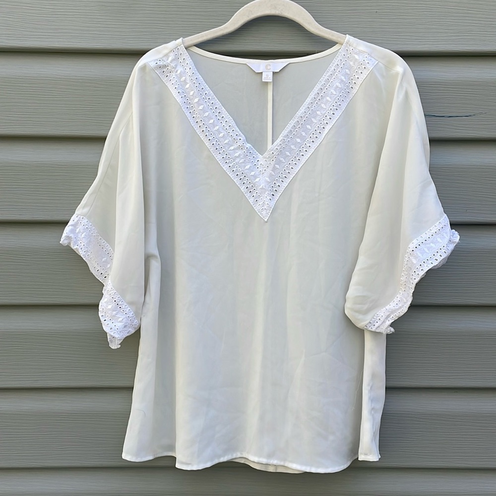 White Chiffon Lace Trim Dolman Sleeve Blouse
